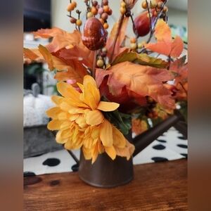 Harvest Orange Mum Sun flower Mini Floral watering can arrangement.